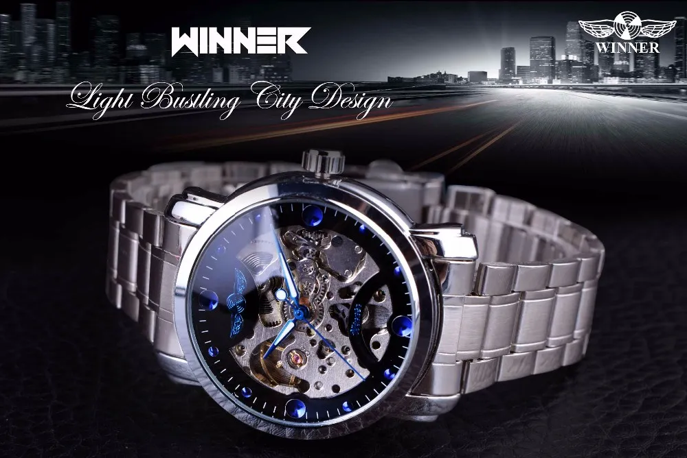 Winnaar Blauwe Oceaan Fashion Casual Designer Rvs Mannen Skeleton Horloge Heren Horloges Topmerk Luxe Automatisch Horloge Clock2922
