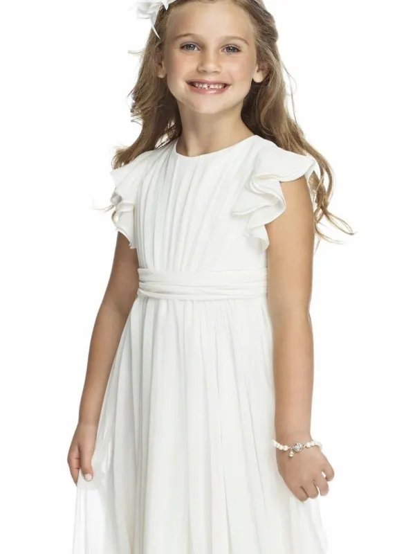 Ivory Classic Flower Girl Dresses A Line Jewe Neck Ruffles Sleeves Junior Bridesmaid Dress Ruched Chiffon Sash Floor Length Long Formal Wear