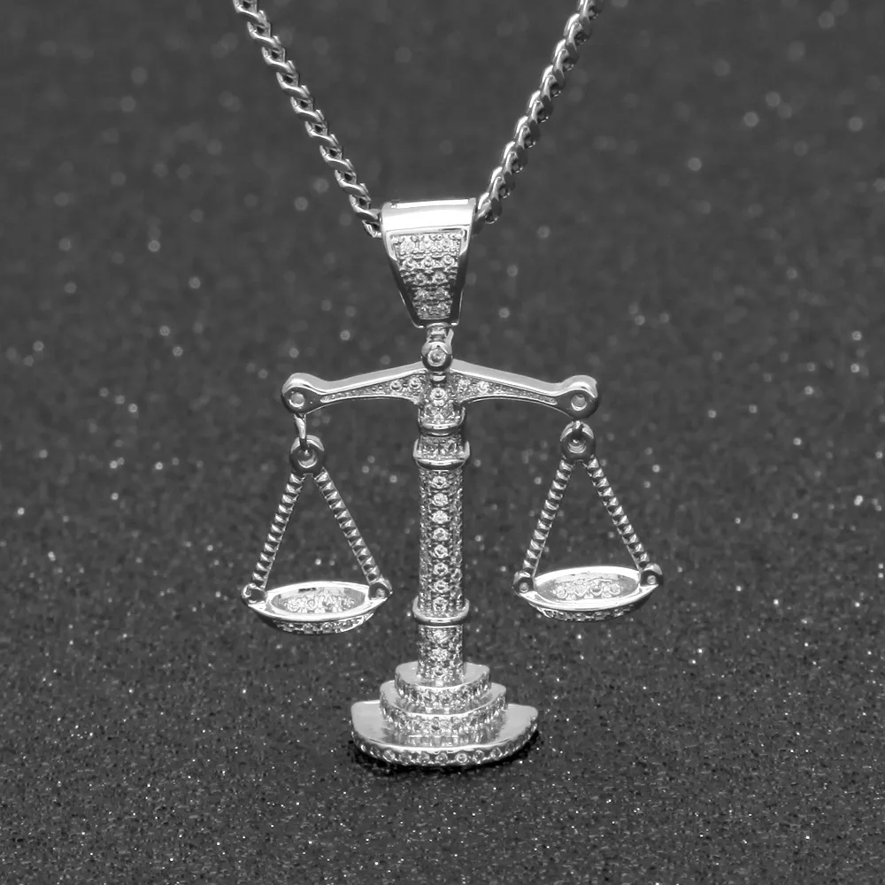 Glacé Zircon Balance balance balance pendentif argent or cuivre matériel hommes Hip hop collier chaîne 274C