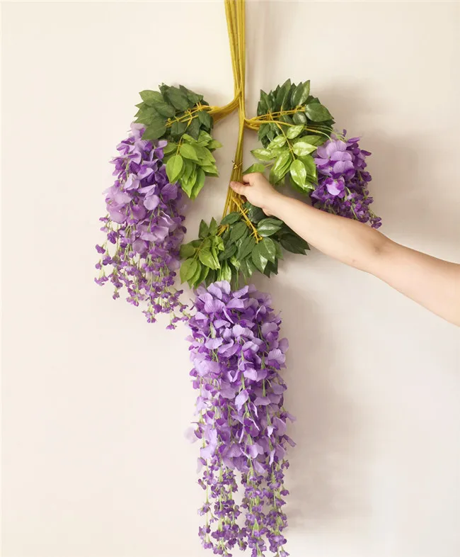 24 adet ipek wisteria çiçek rattans 110 cm / 65 cm düğün Noel için simülasyon wisteria çiçekler yapay dekoratif çiçekler 6 Renkler