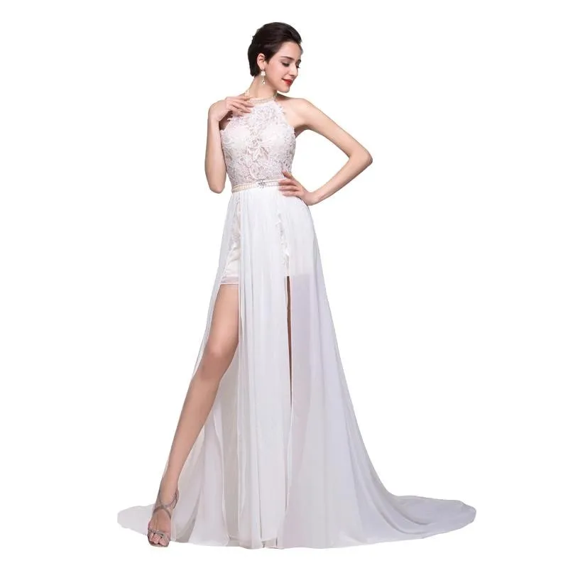 Real Image White Ivory Color Prom Dresses Halter Beaded Lace Top Backless Pleats Chiffon Beach with Split Evening Party Gown BO5557