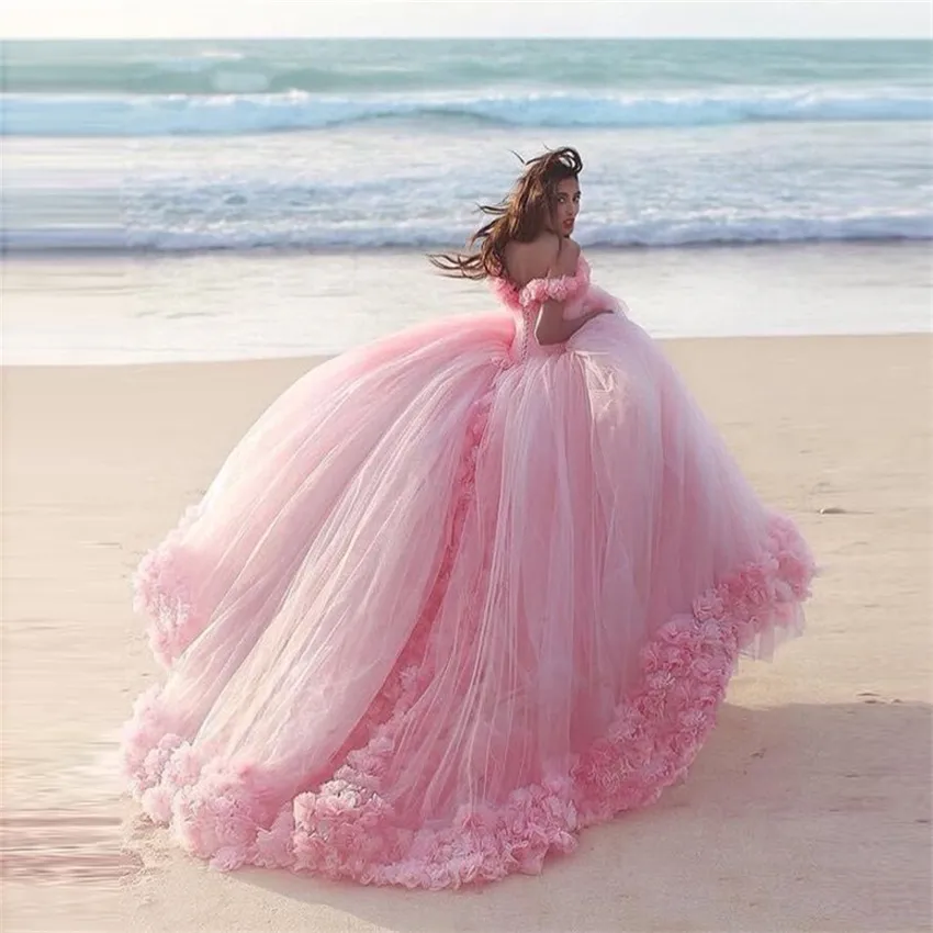 Sexy Off The Shoulder Ball Gown Wedding Dress with Hand Made Flowers Gorgeous Pink Tulle Bridal Gowns