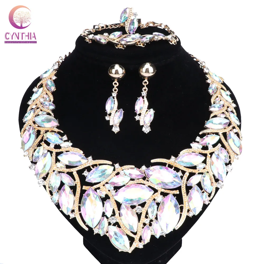 Hot Fashion Indian Jewellery Bohemia Crystal Necklace Earrings Sets Bridal Jewelry Brides Party Wedding Accessories Decoration