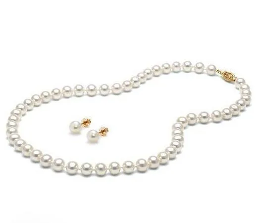 Charmant collier de perle blanc de 7 à 8 mm de 7 mm de boucles d'oreilles en or 14 carats 270Q