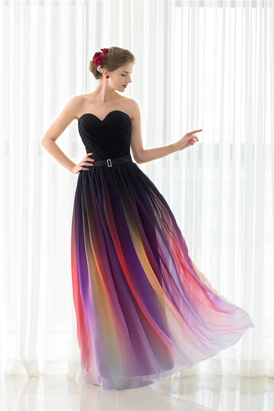 New Arrival Sweetheart Long Gradient Color Chiffon Long Prom Dress Ombre Evening Dress Lace Up Back In Stock