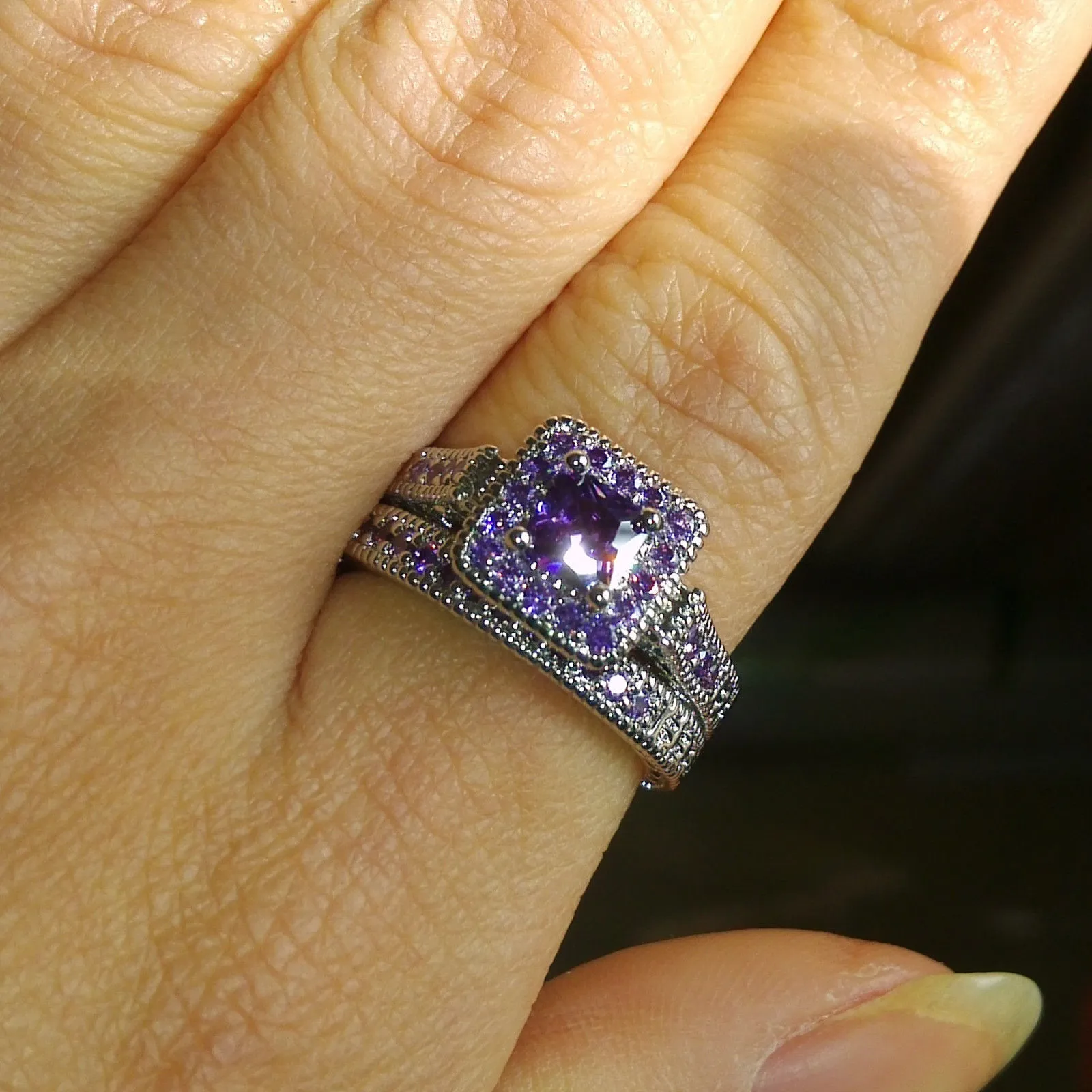 Taglia 5-10 gioielli vintage principessa taglio taglio ametista diamante cz anelli da sposa del fidanzamento di gemme di gemme set le donne adorano 185n