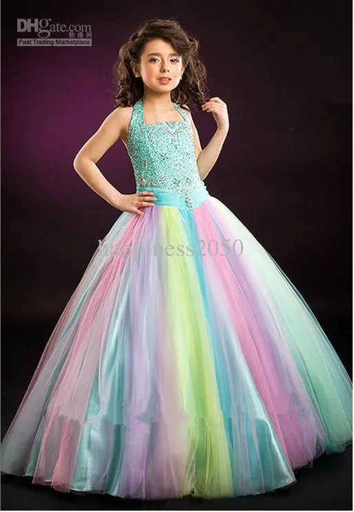 Rainbow Glitz Girls Pageant Dresses Halter Neck Crystal Sleeveless Kids Ball Gowns Floor Length Teens Prom Dress