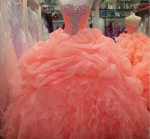 2016 Sweetheart Coral Quinceanera Ball Gown Dresses Crystal Beads Organza Long Sweet 16 Ruffles Fluffy Cheap Party Evening Prom Gowns