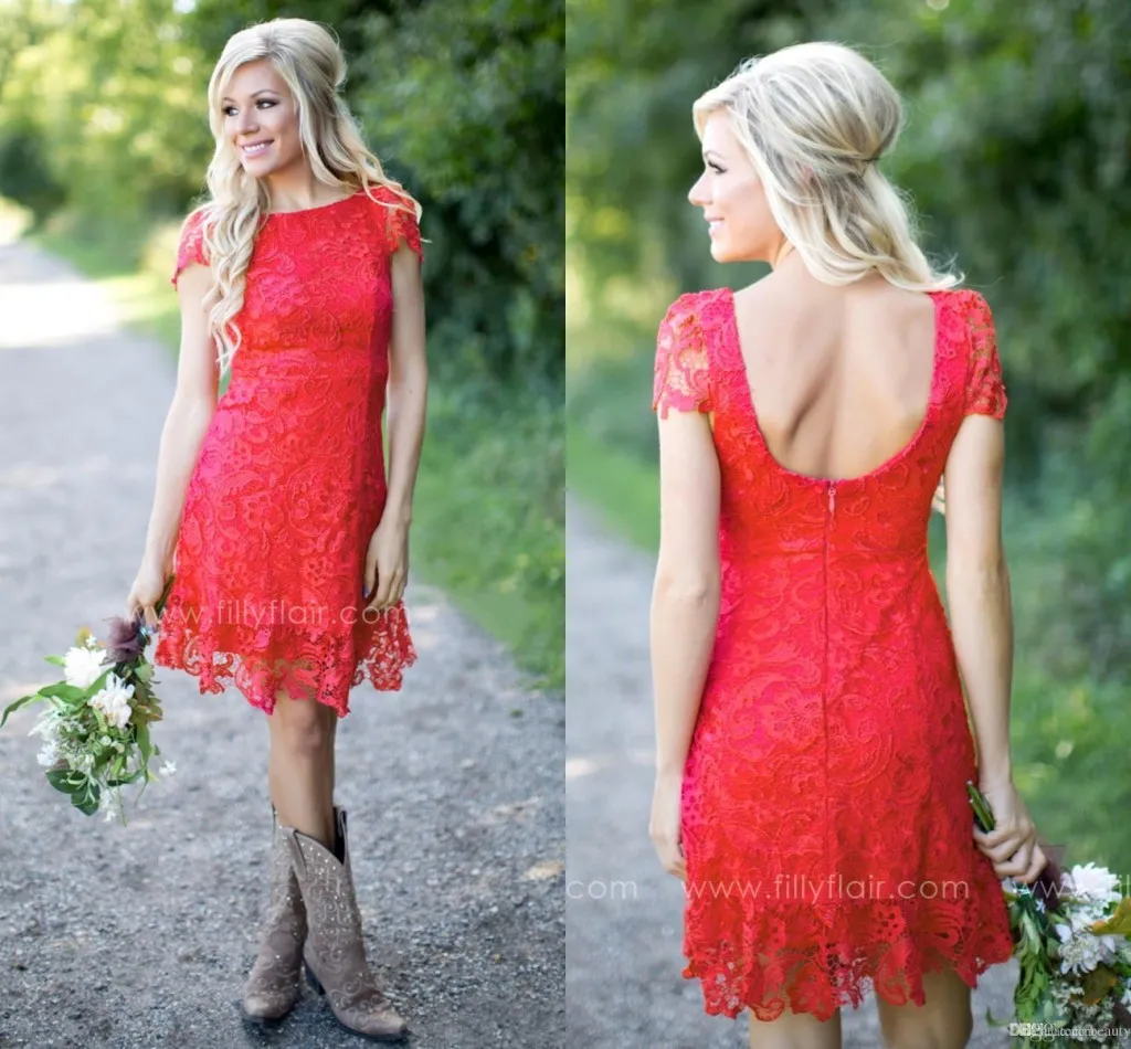 Bridesmaid Dresses New Cheap Country Short For Weddings Jewel Neck Red Full Lace A Line Plus Size Backless Formal Maid of Honor Gowns