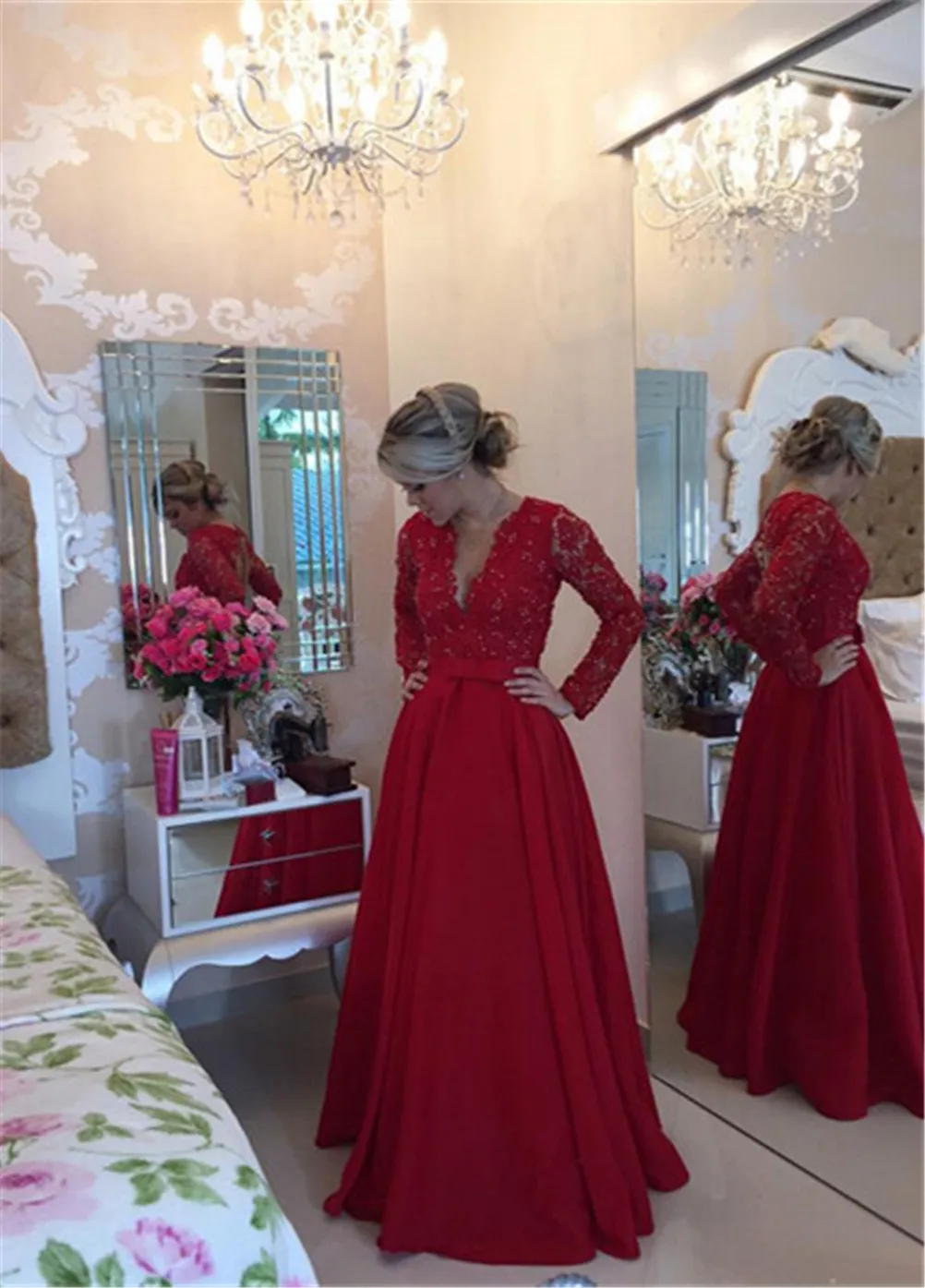 Delicate Red Chiffon Lace Prom Dress Pearls Long Sleeve V-neck Illusion Back Long Evening Dress formal evening gowns dresses