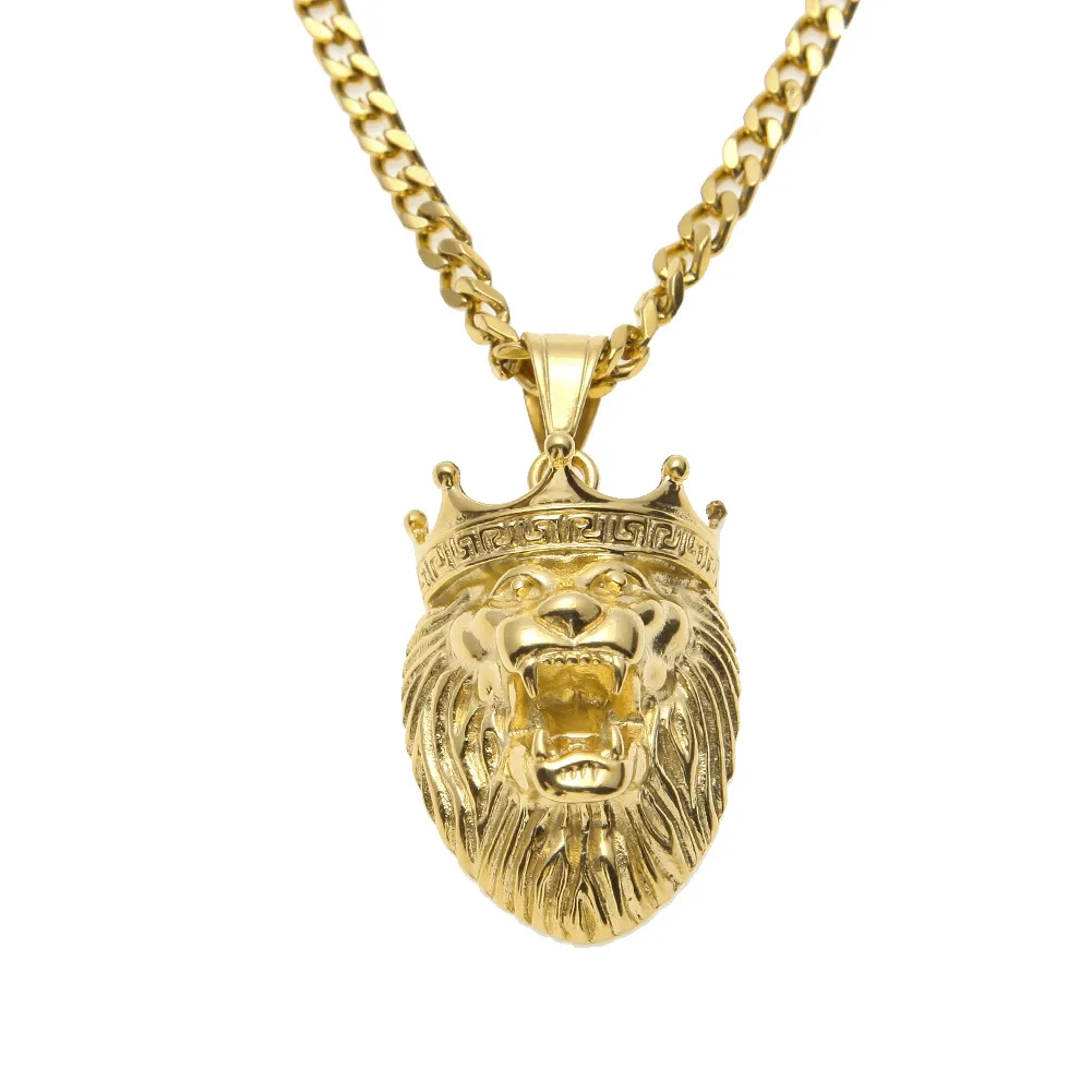 Micro leão rei coroa pingente colar 5mm 70cm cuba corrente colar banhado a ouro aço inoxidável masculino hip hop jóias281y