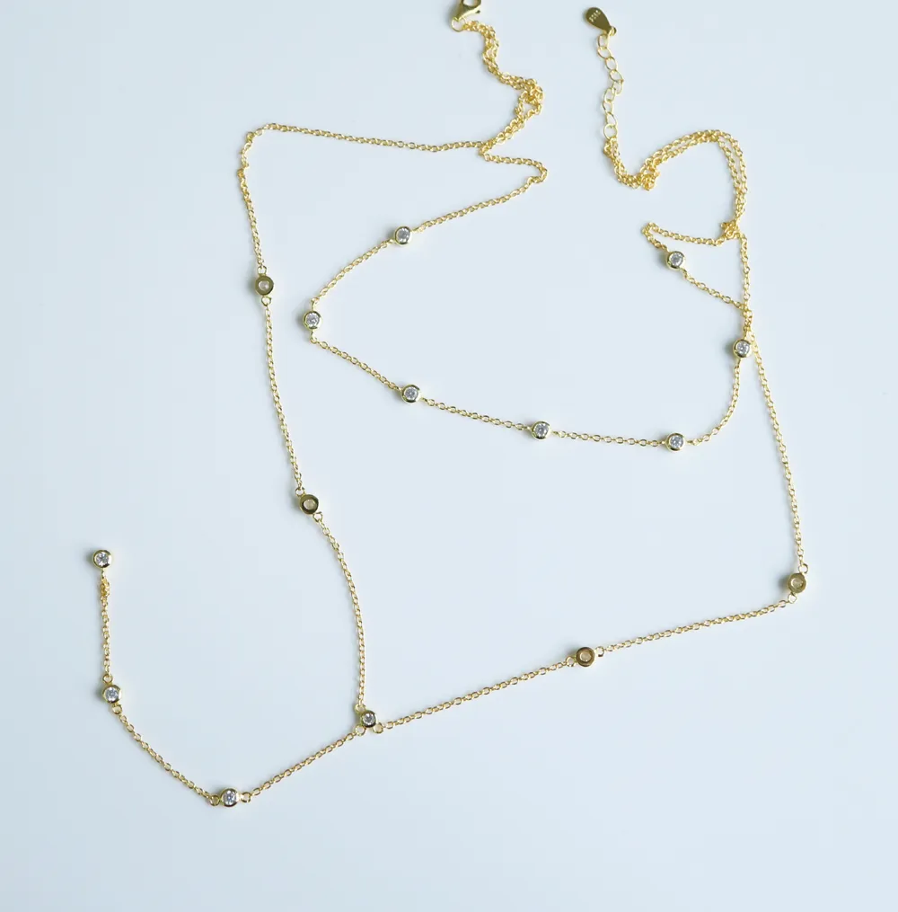 925 Sterling Silver Layer Longed Chain Halsband för kvinnor Bröllop med guld Silverfärg Plated CZ PAVED STATIONSMELY209M