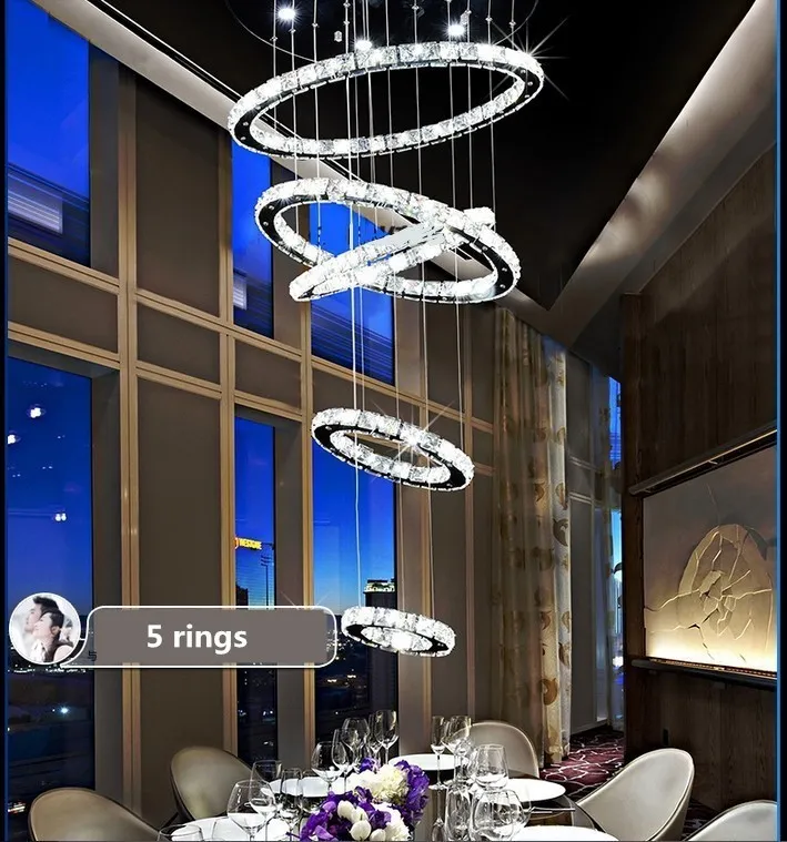 5 cirkel ring Moderne minimalistische penthouse vloer woonkamer led K9 kristallen Kroonluchters creatieve villa lange wenteltrap ligh2723