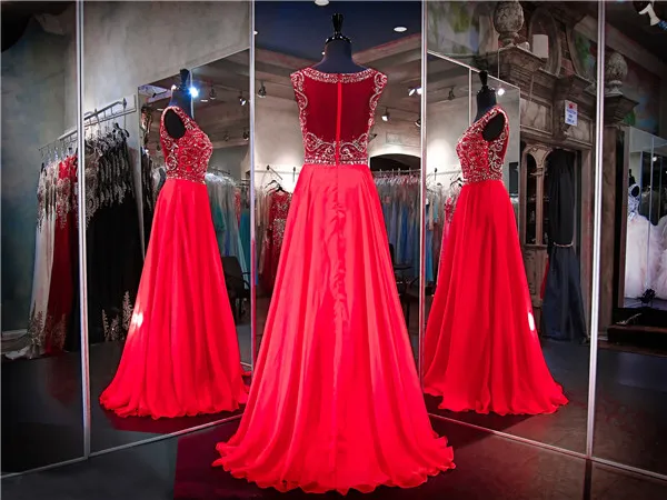 Red Chiffon Flowing Prom Dress High Beaded Neckline Illusion Back Crystals Evening Dress A-line Sexy Pageant Dress