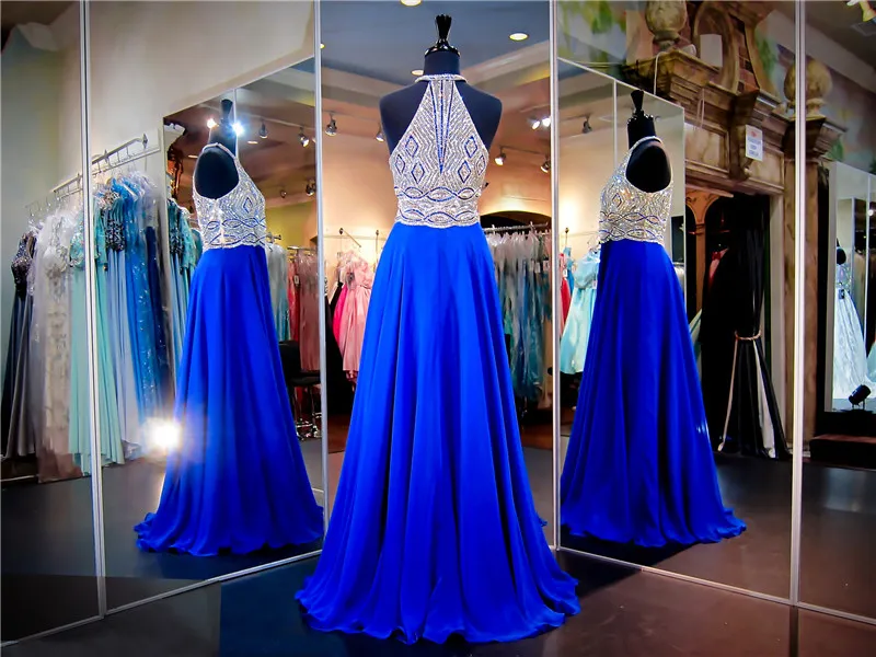 Royal Chiffon Prom Dress Silver Beaded Halter Top See Through Evening Dress A-line Party Dress Pageant Dresses