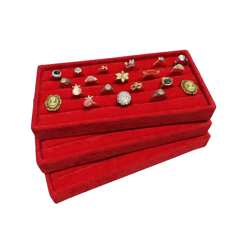 3 pezzi di velluto rosso anello di gioielli display organizer custodia di velluto orecchini gemelli anello scatola di immagazzinaggio vassoio anello bar vassoio 11 2287I