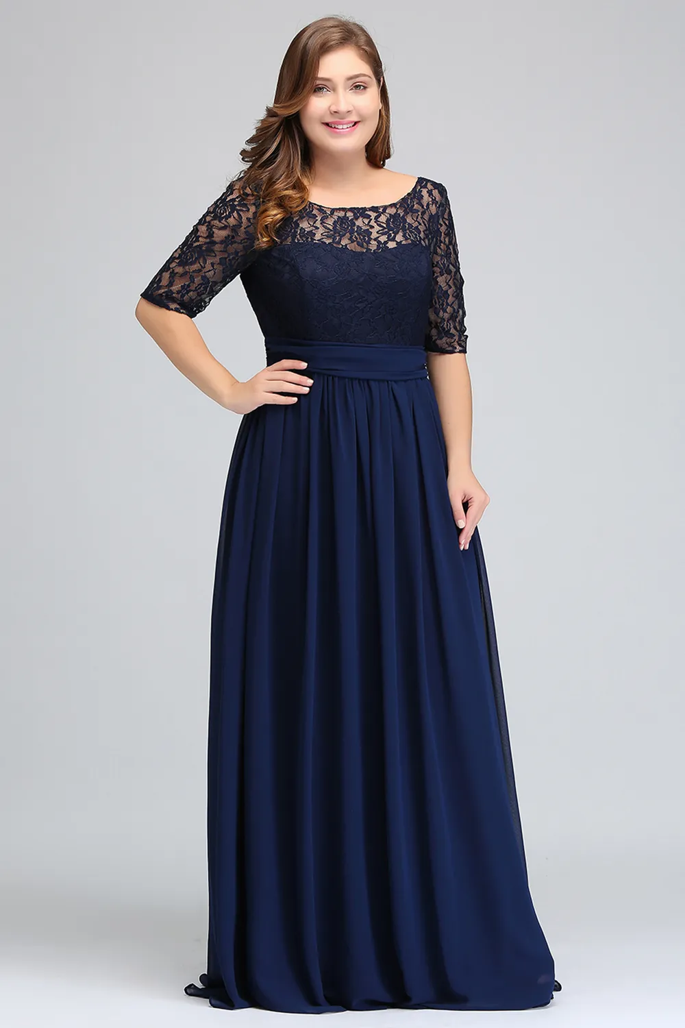 Dark Navy Black Burgundy Half Long Sleeves Plus Size Prom Dresses Lace Top A Line Chiffon V Back Mother of Bride Dresses Cheap Gowns CP 304E