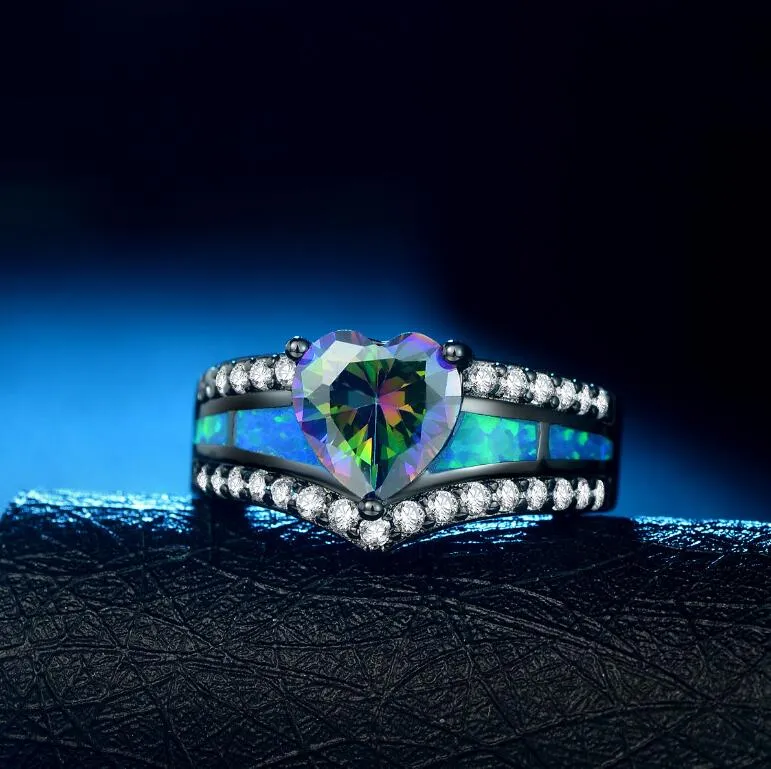 Czarny płaszony niebieski zielony purpurowy kamień niebieski opalowe pierścionki z sercem dla kobiet mody biżuterii Pierścień koktajlowy Prezent 292n