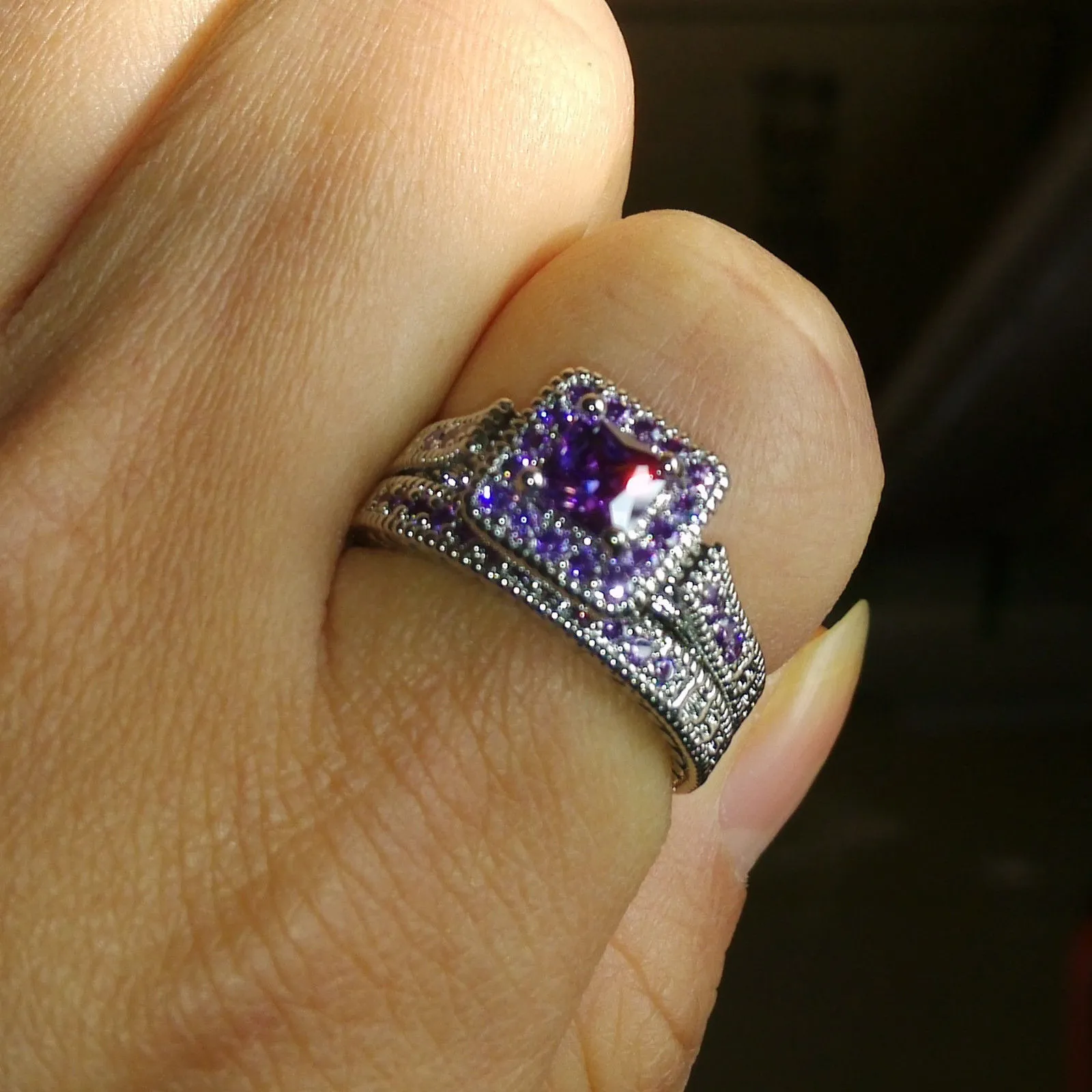 Tamanho 5-10 Jóias vintage Princesa Corte Amethyst simulado Diamond CZ CELOME