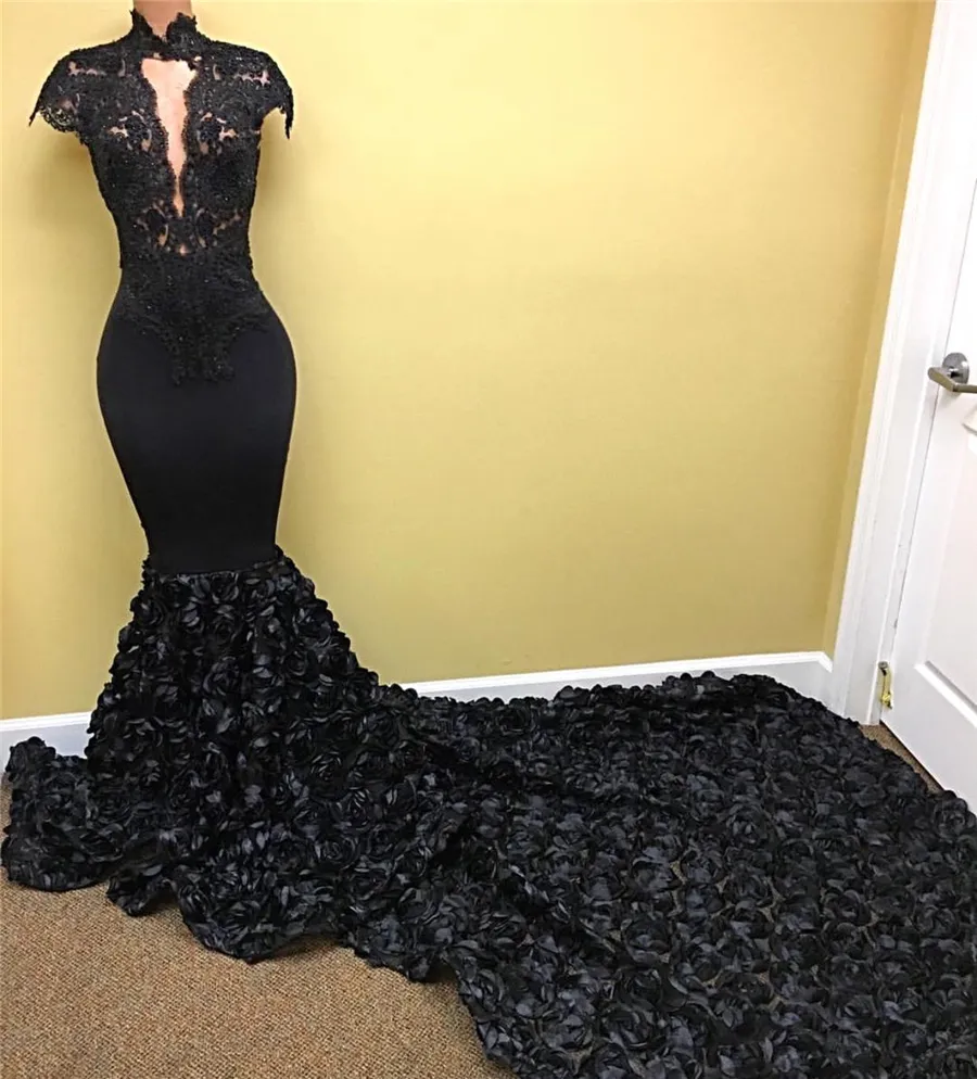 Amazing Black Cap Sleeve Prom Dress 2019 Lace Flowers Bottom Long Train Evening Dress vestidos para festa