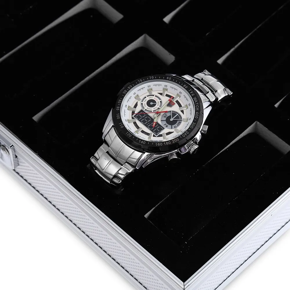 Caja de reloj para hombres Plata 12 Rejilla Joyería Relojes de pulsera Colección de exhibición Caja de almacenamiento Caja de aluminio Caja de reloj Vidrio transparente 226i