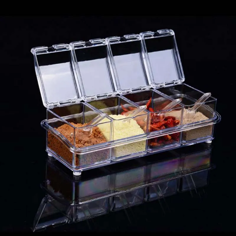 In1 Acrylic Seasoning Box Clear Seasoning Rack Spice Pots Storage Container Condiment Jars Cruet with Cover and Spoon Kitchen essential