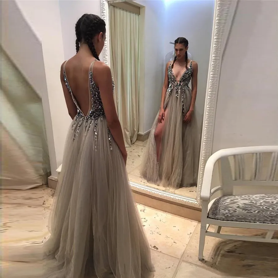 2020 Hot Split Evening Dresses Plunging Neckline Crystal Prom Gowns Custom made Tulle Evening Party Dress Real Pictures