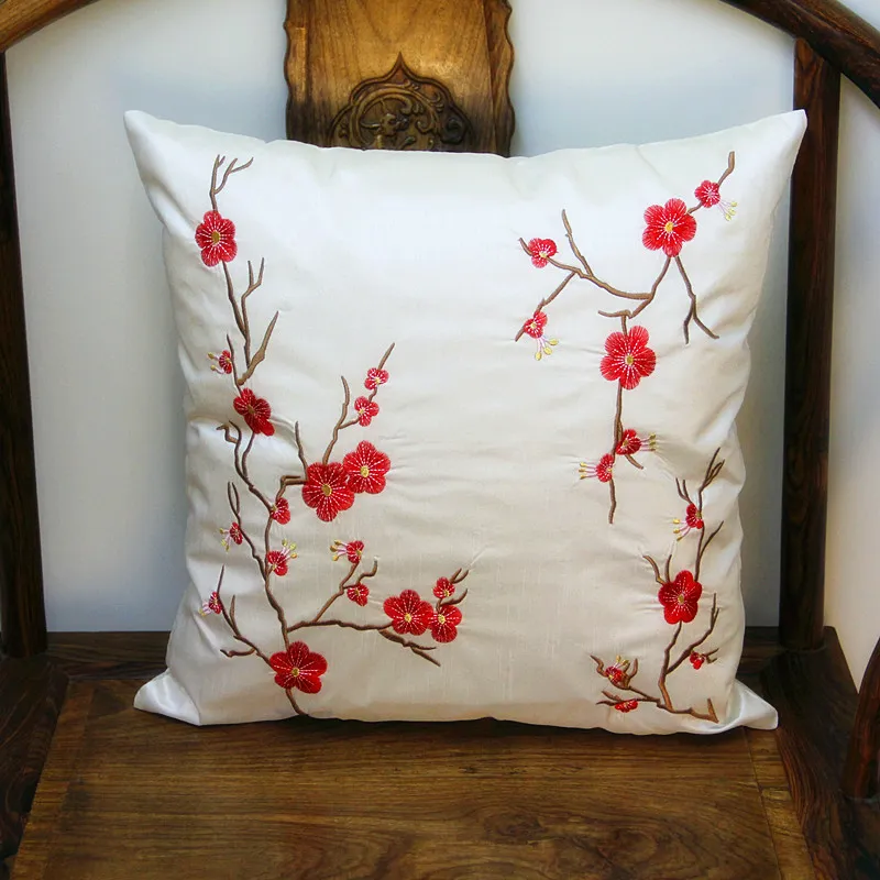 Embroidery Cherry blossoms Cushion Pillow Cover for Chairs Sofa Lumbar Back Cushion Satin Fabric Pillow Case Office Home Decoratio285A