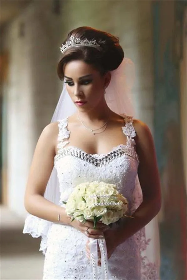Venda quente vestidos de casamento árabes sereia estilo cristais decote frisado Lace apliques ver através de ilusão de volta trompete vestidos de noiva de tule