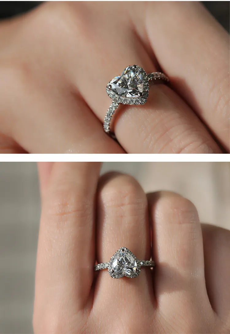 2CT شكل قلب الشق الإعداد العلامة التجارية خاتم الماس الاصطناعية 925 فضة مجوهرات الزفاف 18K انخفاض الشحن خاتم الخطوبة