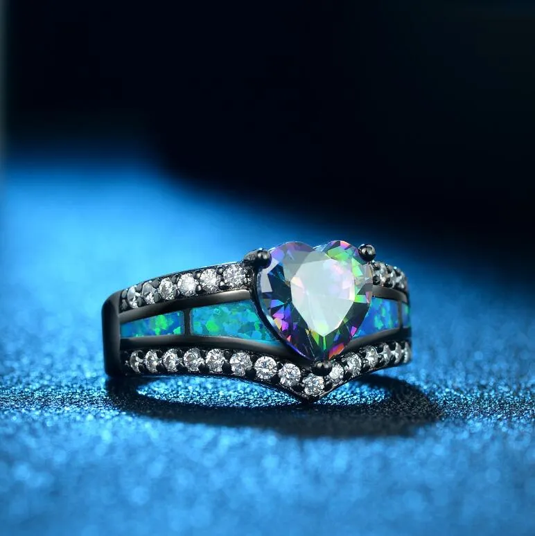 Preto banhado arco-íris azul verde roxo pedra azul opala coração anéis para mulheres moda jóias coquetel anel gift341k