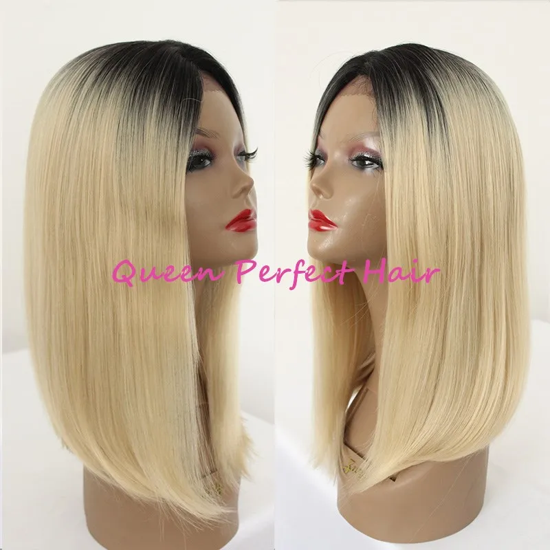 New Fashion Lace Front Wigs Two Tone #1bT#613 Ombre Black&blonde 12inch Straight Short Bob Style Synthetic Heat Resistant Blond Hair wigs