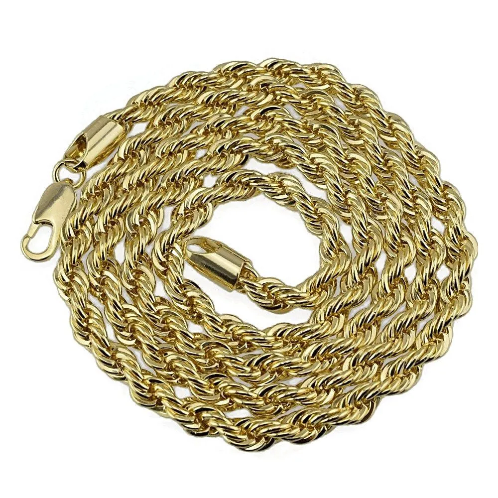 Chaîne ed en corde solide de 8mm d'épaisseur et 76cm de Long, collier hip hop plaqué or et argent 24K pour hommes 3108