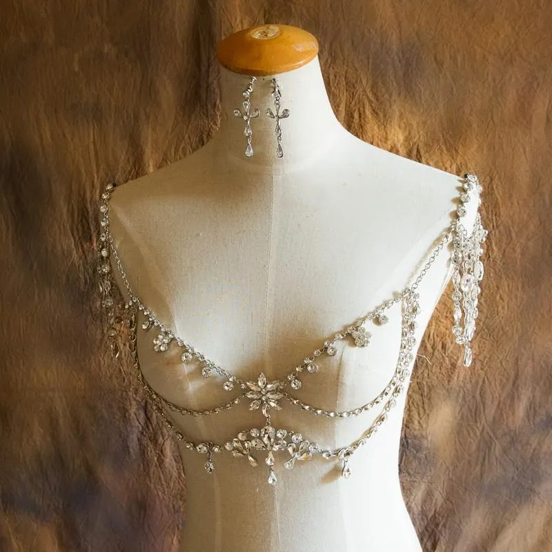 Vintage mariage mariée épaule chaîne collier corps chaîne argent cristal strass fleur gland Wrap bijoux femmes bal pendentif 2429
