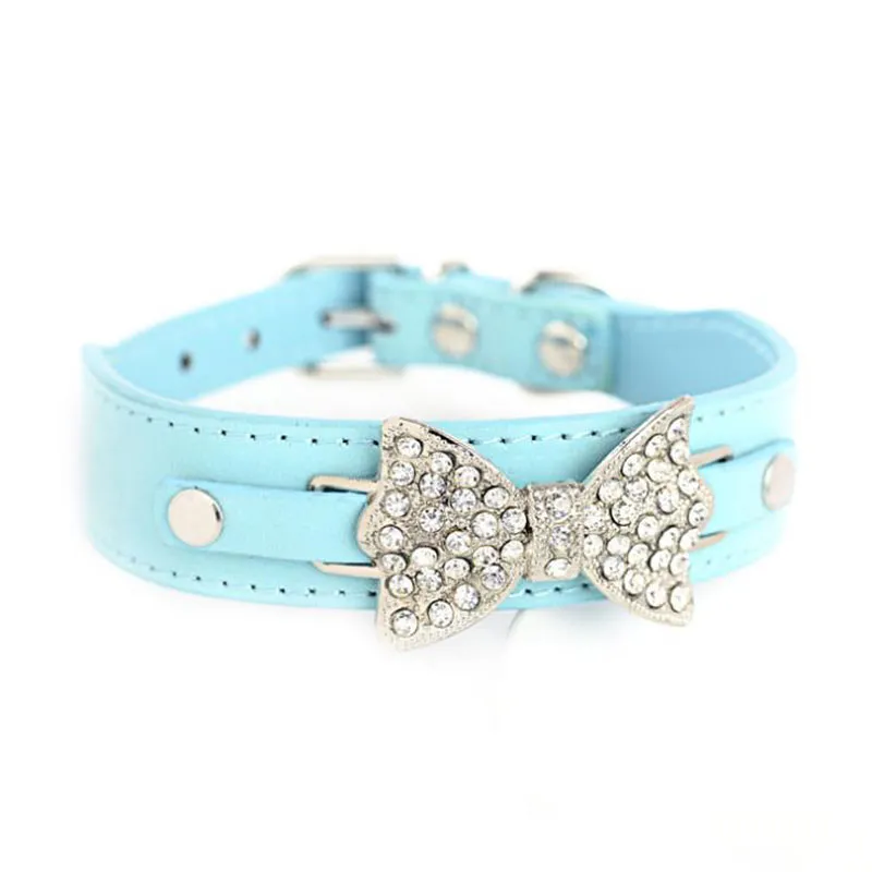 Factory Price! Dog Collar Bling Crystal Bow Leather Pet Collar Puppy Choker Necklace XS S M