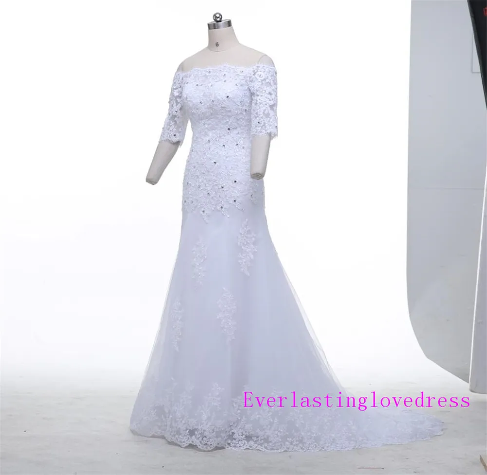 New Arrival Off The Shoulder Half Sleeves Applique Lace Wedding Dresses Mermaid Bridal Gowns Cheap Price In Stock
