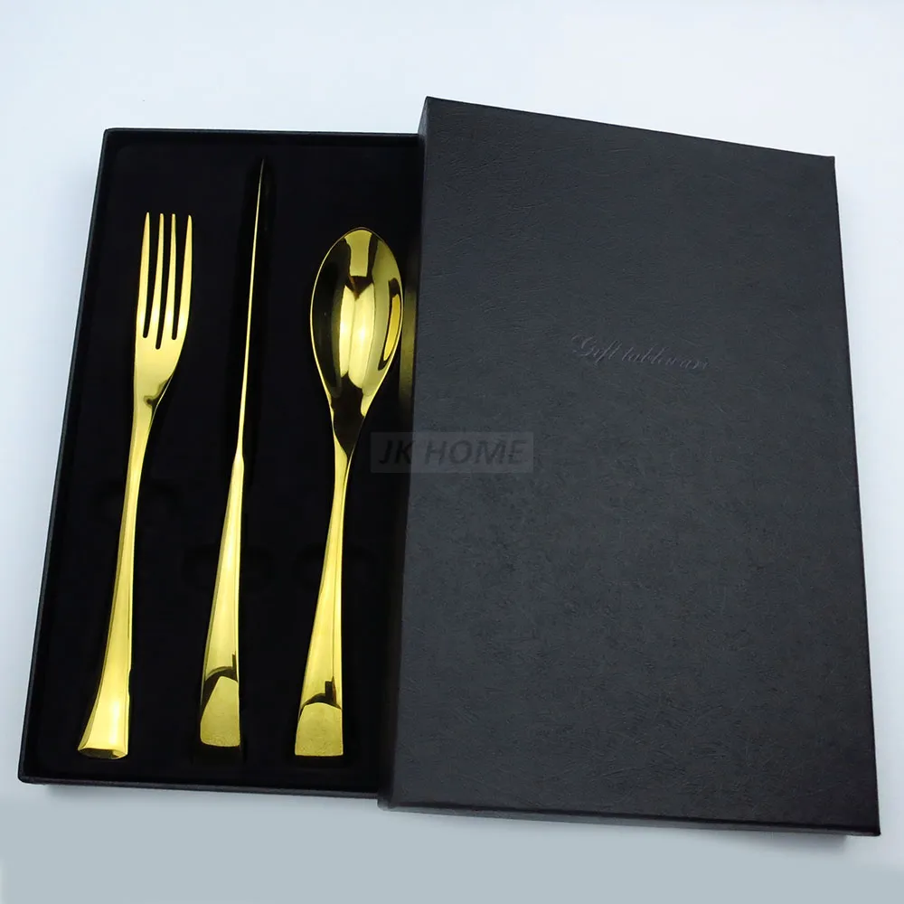ロット高品質24kゴールドカトラリーセットウエスタンステンレス鋼平らな食器食器フォークナイフスプーンディナーウェア3242