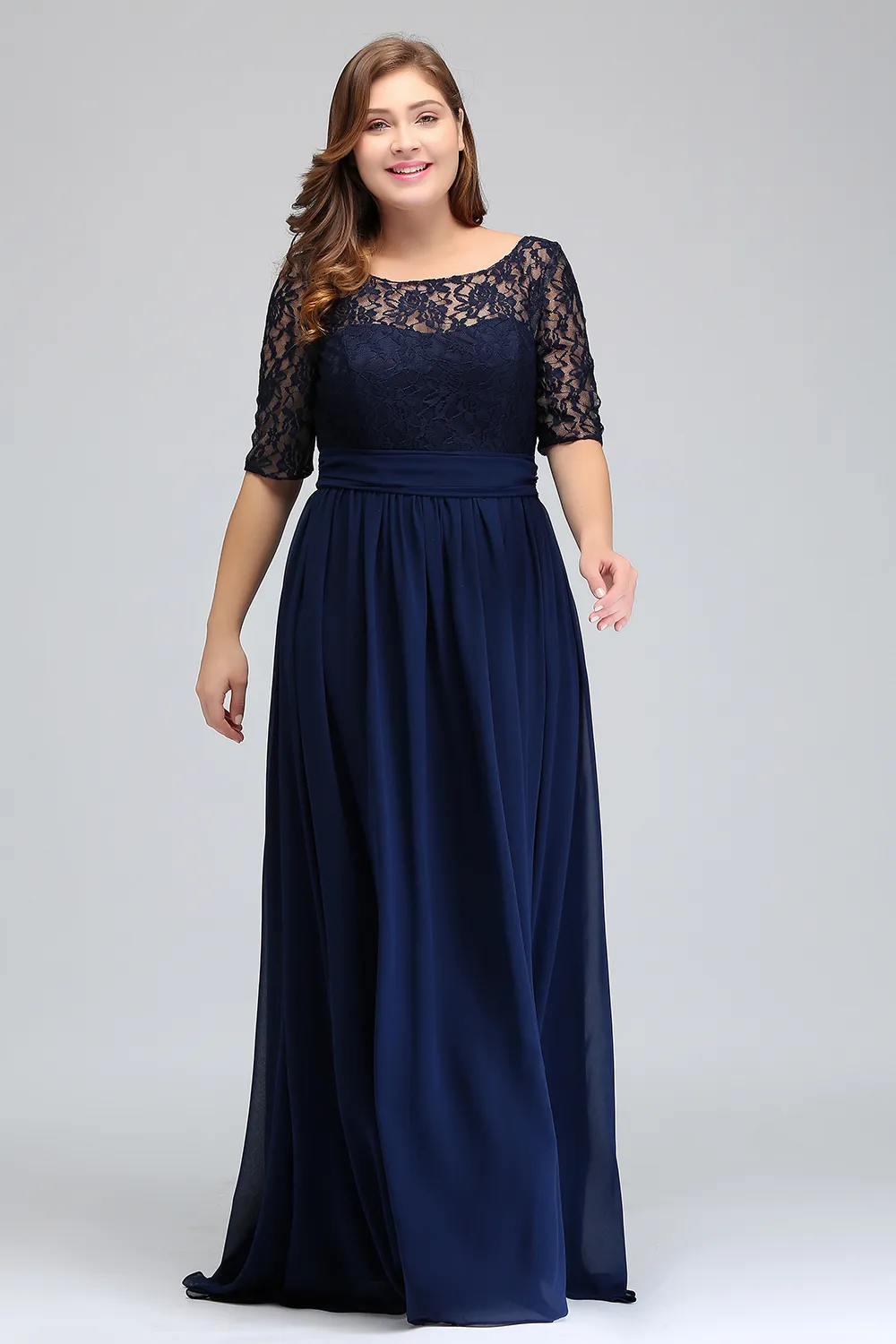 Dark Navy Black Burgundy Half Long Sleeves Plus Size Prom Dresses Lace Top A Line Chiffon V Back Mother of Bride Dresses Cheap Gowns CPS522