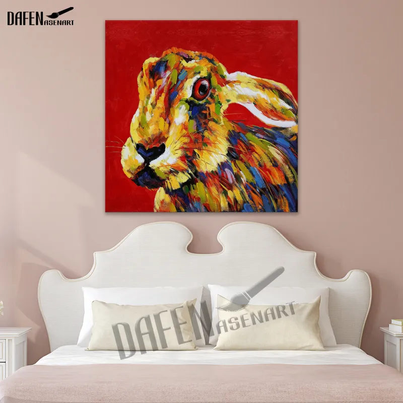 100% Hand made Crazy Rabbit Oil Painting Modern Animal Square Wall Art Acrylic Oil Paint on Canvas Home Decor