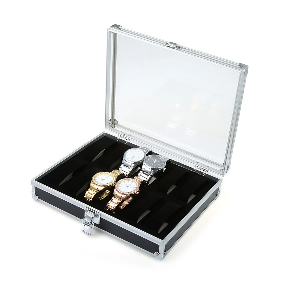 Nuovi orologi da polso gioielli in argento con 12 griglie Display collezione di scatole di immagazzinaggio Custodia orologi in alluminio Cover in vetro trasparente290l