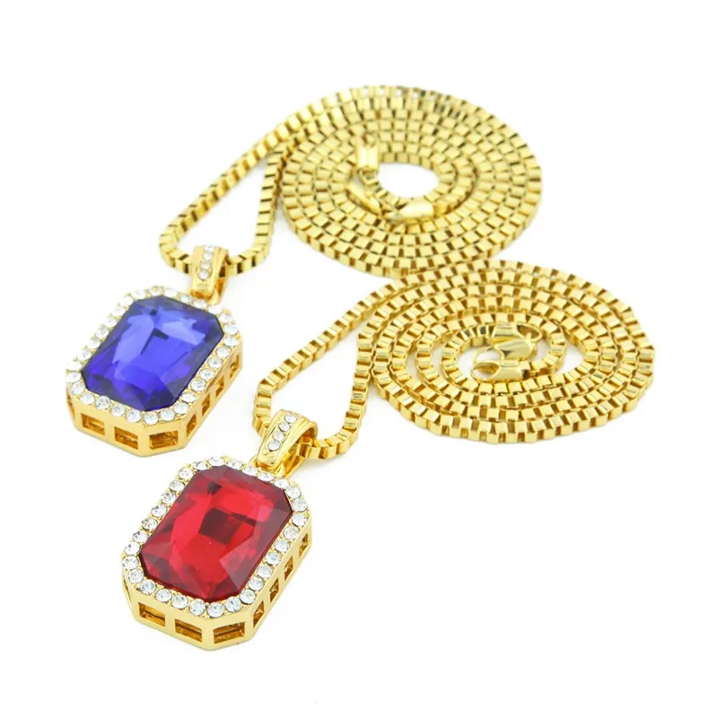 Micro Ruby Red Black Square Pendant Set 2 4mm 24 Box Chain Gold Tone Iced Out Necklace Hiphop Gold Chains for Men Women277s