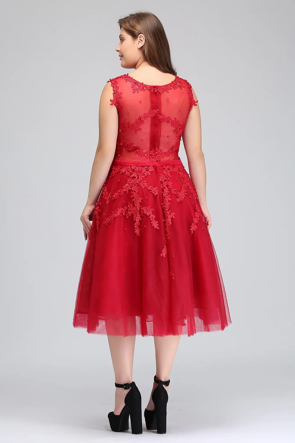 Real Image Plus Size Red Lace Short Cocktail Dresses Tulle Lace Beaded Knee Length A Line Formal Party Evening Dresses CPS298