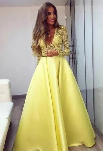 Elegant Yellow Dubai Abaya Long Sleeves Evening Gowns Plunging V neck Lace Dresses Evening Wear Zuhair Murad Prom Party Dresses BA3130