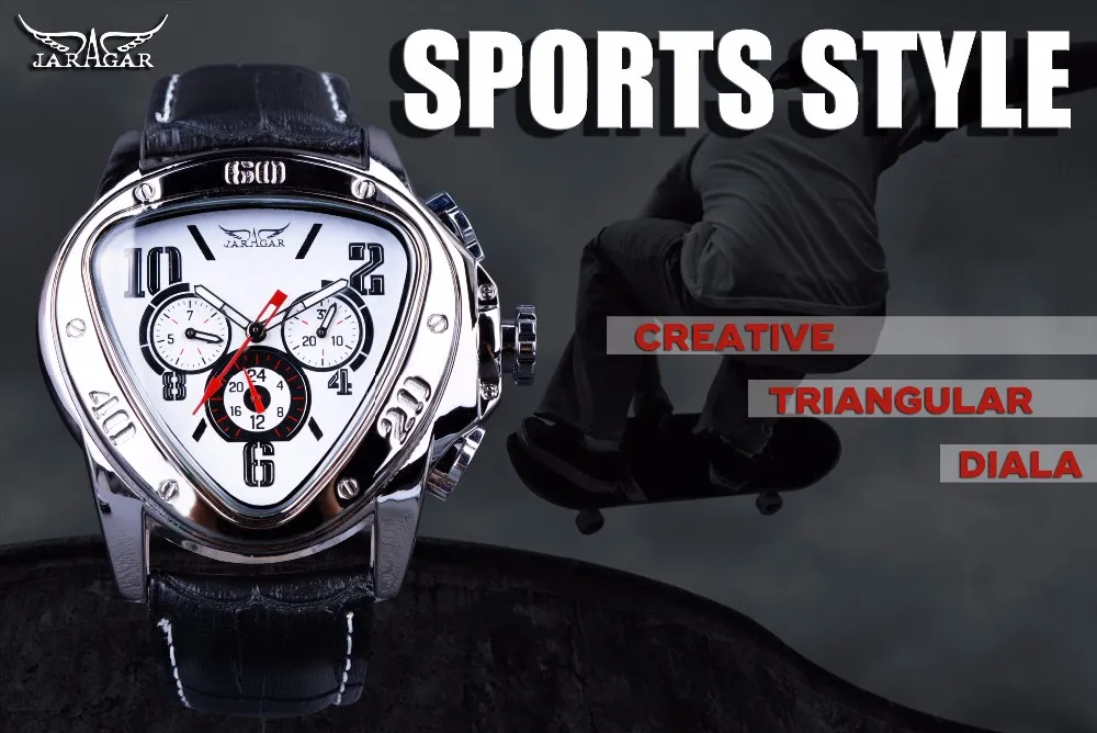 Jaragar Sport Fashion Design Relojes para hombre Top Brand Luxury Reloj automático Triángulo 3 Dial Display Correa de cuero genuino Clock189V