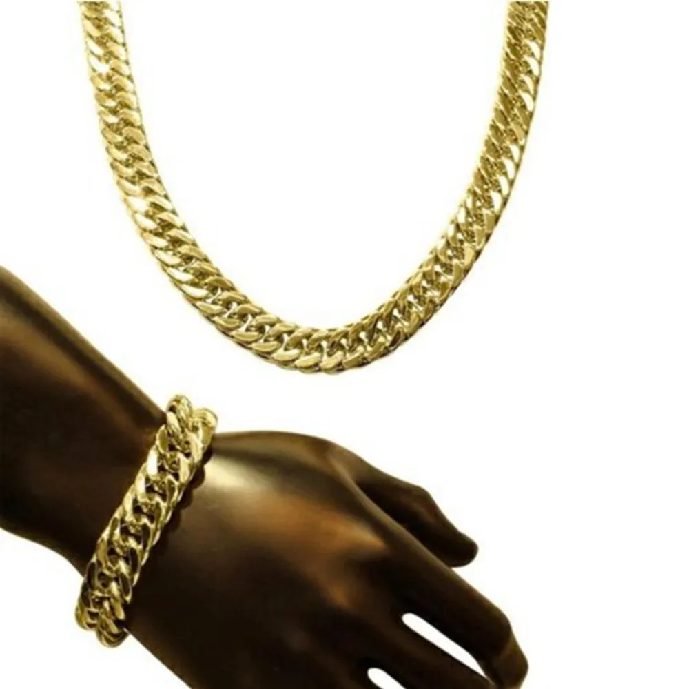 Ensemble de chaîne et bracelet à maillons cubains Miami pour hommes, maillons épais et serrés, finition remplie d'or jaune 24 carats, 1 0 cm de large, 24 pouces, 9 pouces 287O