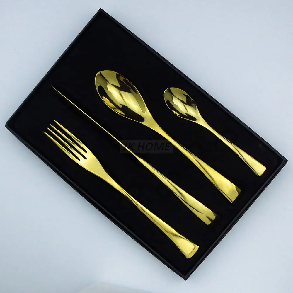 ロット高品質24kゴールドカトラリーセットウエスタンステンレス鋼平らな食器食器フォークナイフスプーンディナーウェア3242