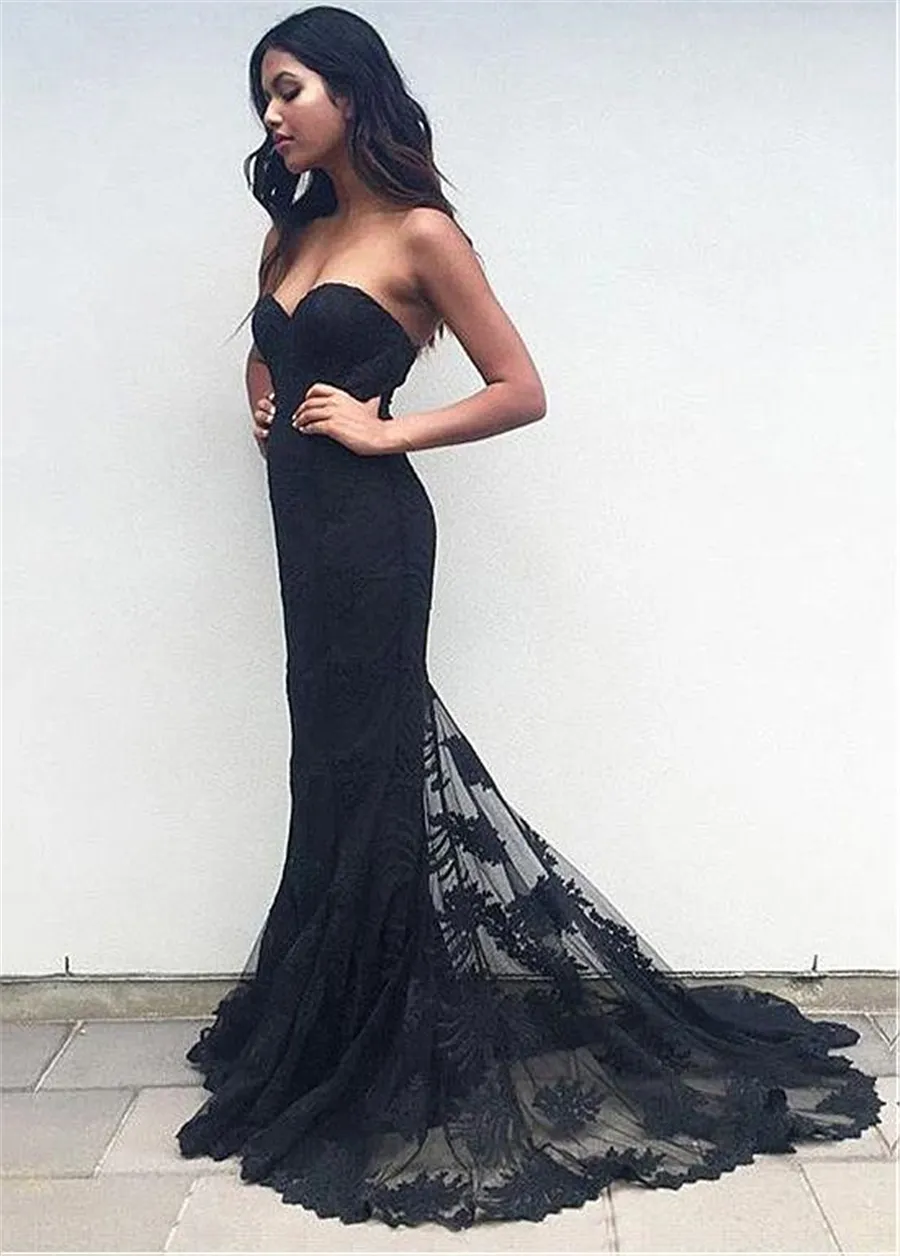 Tulle Sweetheart Neckline Mermaid Evening Dresses With Lace Appliques Black Applique Lace Prom Dress vestidos de fiesta tallas grandes
