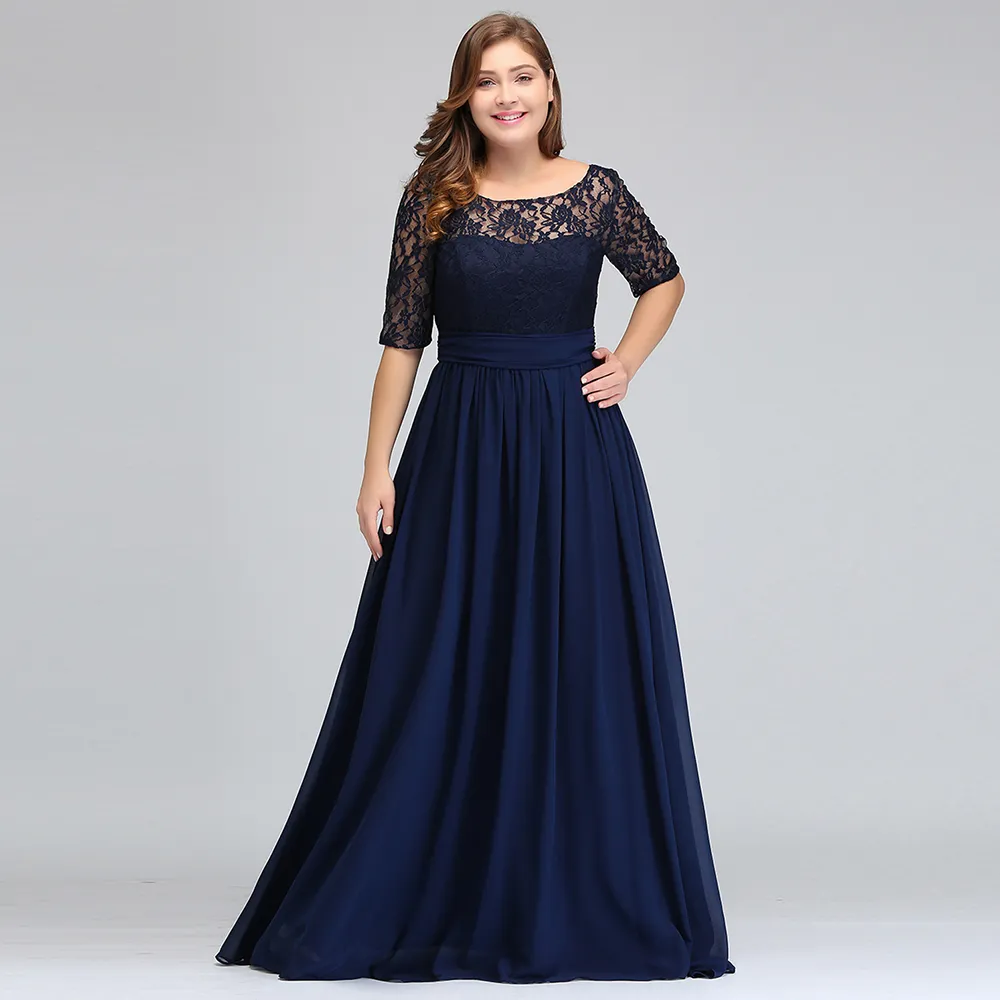 Dark Navy Black Burgundy Half Long Sleeves Plus Size Prom Dresses Lace Top A Line Chiffon V Back Mother of Bride Dresses Cheap Gowns CP 304E