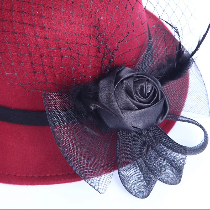 Ny Spring Winter Gaze Noble Temperament Women Wool Top Hats Fashion Ribbon Flower Ladies Bucket Hat Female Stingy Brim Hats Dome184i