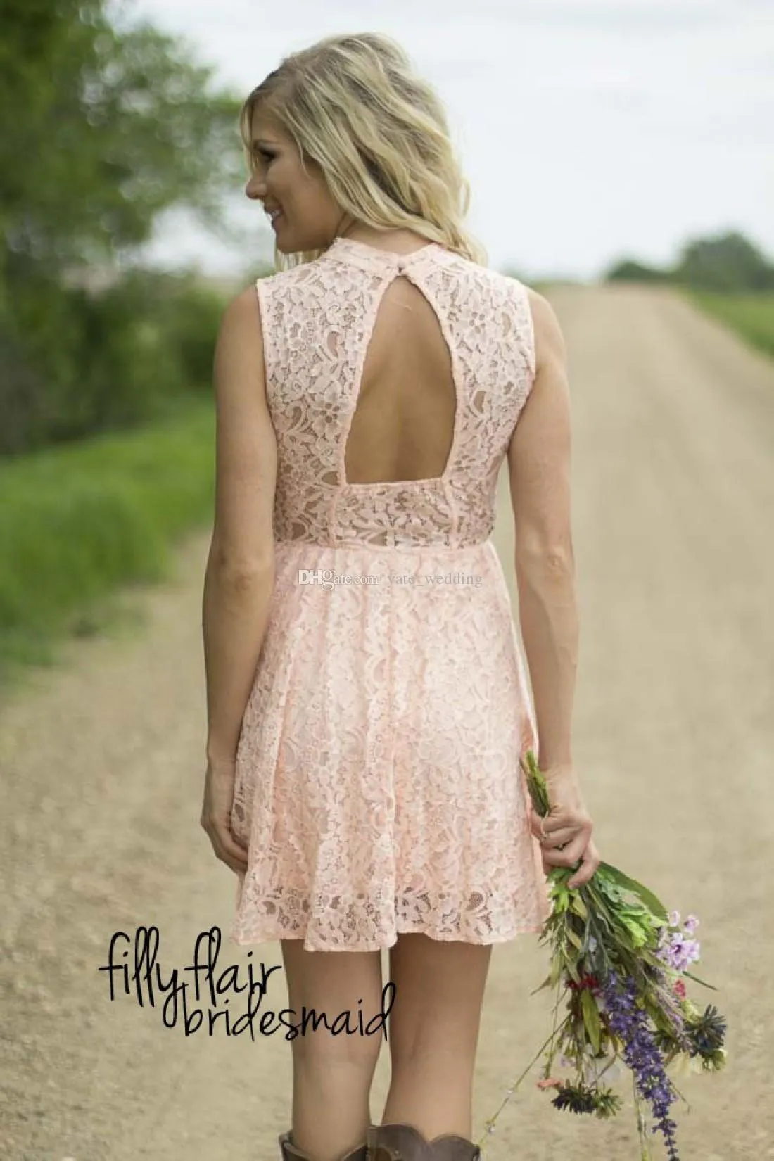 2019 Lace Short Bridesmaid Dresses High Neck Sleeveless Open Back Sequins Pink Bridesmaid Gowns Backless Country Wedding Party Dresses Mini